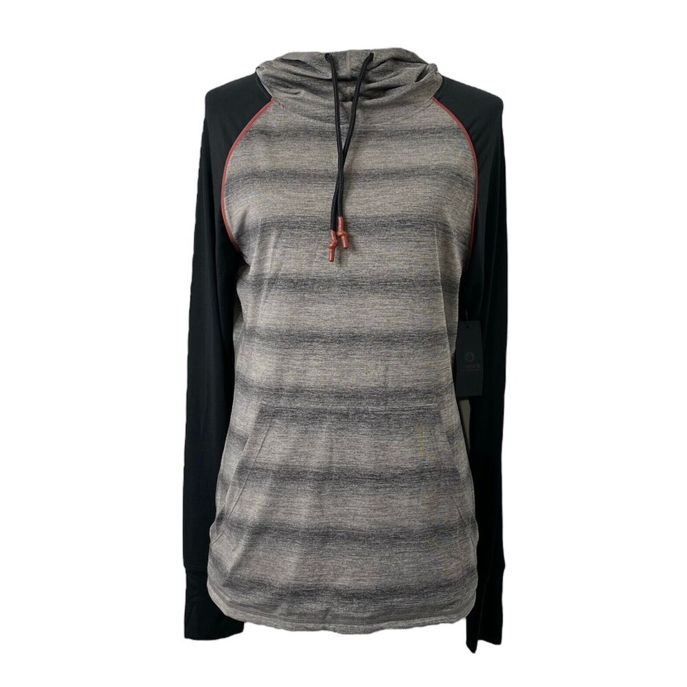 Mono B Women’s Hooded Shirt Black and Gray Long Sleeve Front Pocket Size Large